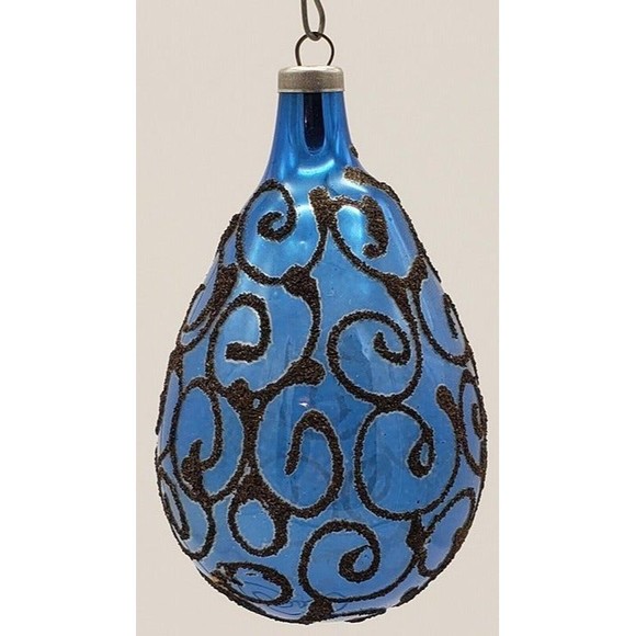 Vintage 50s 60s Cobalt Blue Tear Drop with Black Mica Mercury Glass Ornament - Picture 2 of 6